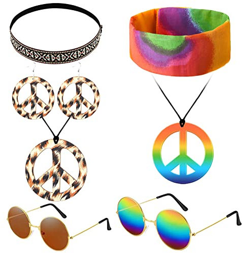 Hippie Kostüm Set, 8 Stück Retro Verkleiden Sich für Damen und Herren,mit Peace Zeichen Halskette Halskette und Ohrringe,Sonnenbrille,Sonnenblumen und Buntes Hippie Stirnband,60er 70er Kostüm Zubehör