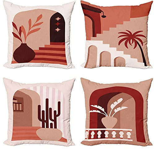 ABAKUHAUS Modern Dekokissen Kissenbezug 4er Pack, Mediterrane Stimmung Szenen Modern Accent Doppelseitiger Digitaldruck, 60 cm x 60 cm, Lachsfarben Warmes Taupe und Rost