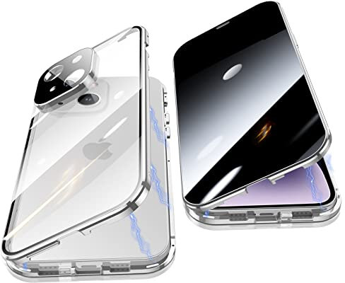 Jonwelsy Anti Peeping Case for iPhone 14 Plus (6.7), 360 Degree Front and Back Privacy Tempered Glass Cover, Magnetic Adsorption Metal Bumper (Silver)