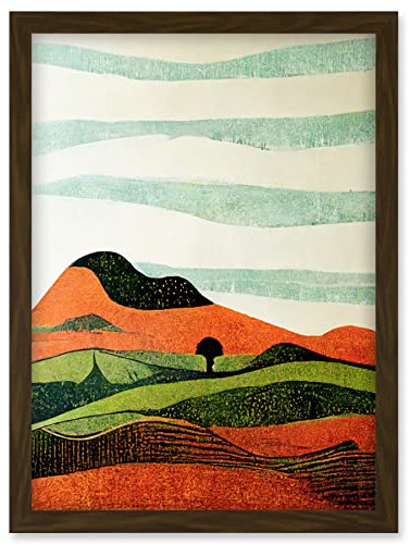 Doppelganger33 LTD Abstract Eclectic Tangerine And Olive Nature Landscape Linocut Illustration Artwork Framed Wall Art Print A4