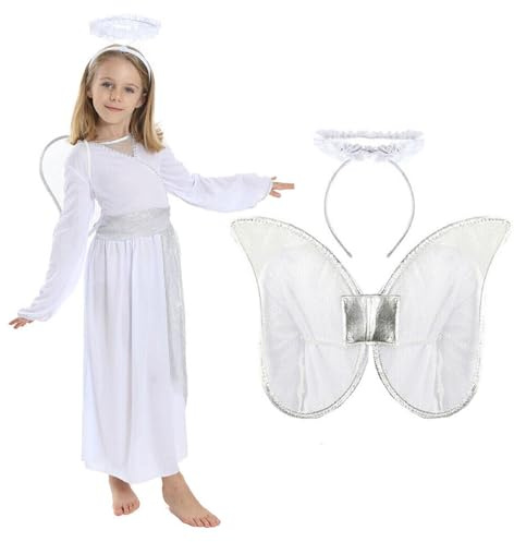 Kids Angel Costume - X-Large - White Angel Dress With Silver Details + Silver Halo Headband - Girls Fancy Dress for Christmas Nativity