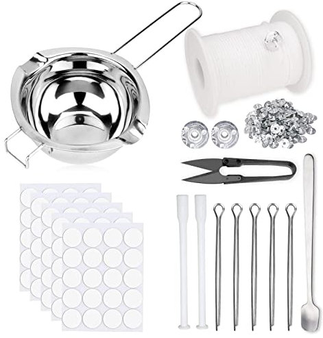VOCIBO Kerzen Selber Machen Set, Kerzen Gießen Set, 61M Kerzendocht Rolle, 200 Kerzendochthalter, 100 Docht Aufkleber, 5 Festen Halter, 2 Dochtplatzierungsrohr, für Kerzen selber Machen