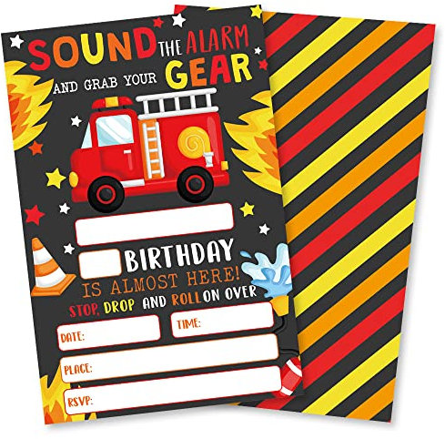 Grace Yonks Feuerwehrauto Geburtstagsparty-Einladung, Feuerwehrmann-Monster-Truck, Feuerwehrmann-Einladung, 20 Einladungen und Umschläge, Geburtstagsparty-Einladungen, Geburtstagsparty-Zubehör. (056)