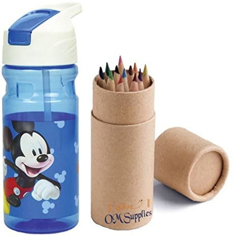 OM SUPPLIES Mickey Characters Reusable Pop Up Water Bottle Drink Bottle Flask with Cord for Easy Carry School Lunch Kids Childrens 500ml Includes Half Size 12pcs Pencil Set (Mickey)