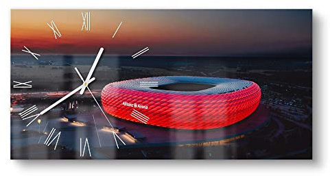 DEQORI Glasuhr | vertikal 60x30 cm | Motiv Allianz Arena, München | große XXL Design Uhr aus Glas | leise Wanduhr für Wohnzimmer & Küche | moderne Hingucker Uhr für die Wand