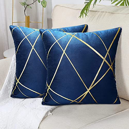 50x50 cm Samt Kissenbezüge Navy blau 2er Set Flansch Kissenhülle Dekorative Sofakissen Bronzieren Geometrische Linien Dekokissen Kissenbezüge Zierkissenbezug für Sofa Wohnzimmer Schlafzimmer