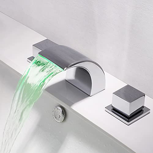 Robinets de Lavabo Pour Salle de bain Cascade, Laiton Robinetterie Elégante Design, Salle de bain Lavabo Robinet LED Robinet de baignoire Robinet de bassin à 3 Trous avec 3 Couleurs,Chrome