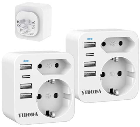 Adaptateur Prise Americaine USA Canada France Adaptateur de Voyage avec 3 USB1 Type C(3.4A) et 2 Prises, Europe Francaise FR 2 Broches vers US 3 Broches pour Mexique Thailande Type B [2 Packs]