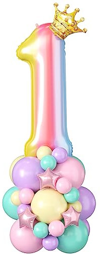 Rainbow Number 1 Balloon 40 Inch Gradient Number 1 Foil Balloons Giant Digital One Balloon Tower Stand with Star Crown Large Balloons Stack for Girls Women First 1st Birthday Baby Shower Party Decor