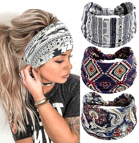 scicent Stirnband Damen Breite Stirnbänder Boho Haarbänder Knot Elastische Lauf Yoga Haarbänder (3 Stück), 14337