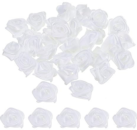 PATIKIL 0.6 30Stk Mini Satin Farbband Rosen Winzige Stoff Blumen Verzierungen Rosetten Applikation für Heimwerken und Hochzeit Weiß