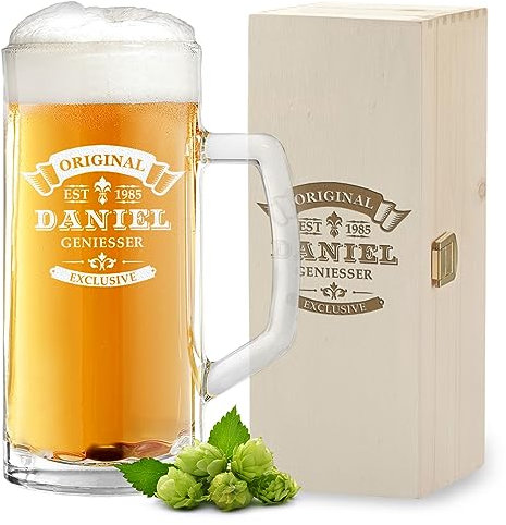 2-TLG Set 1x Bierkrug 0,5 Liter und 1x Holzkiste mit Gravur - Geschenk-Idee zum Geburtstag und Jubiläum - Bierglas mit Griff - für Papa, Opa und Freund geeignet - extra spülmaschinenfest