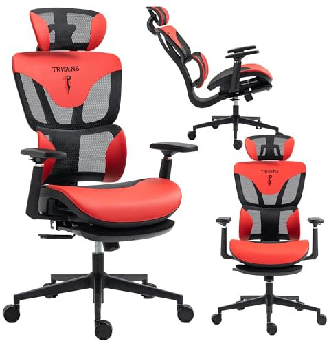 Bürostuhl in modernem Racing-Design ergonomischer Gaming Schreibtischstuhl mit Nacken- und Lordosenstütze komfortabler Sessel mit atmungsaktiver Netzrückenlehne und Wippfunktion, Farbe:Schwarz/Rot