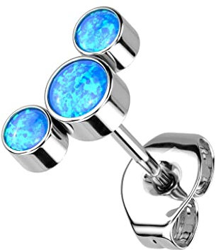 Paula & Fritz® Push-In Ohr-Stecker Silber 3 Opal-e Blau Halbmond 9,24-mm Groß Titan-ium Grade 23 Butterfly-Back Ohr-Ring Kombinierbar Threadless Press