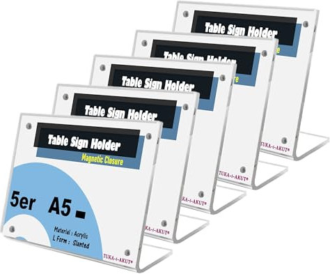 TUKA-i-AKUT 5x A5 Quer Tischaufsteller Acryl Transparent mit Magnetverschluß, Prospektständer Foto-Halter Schräg Tischständer Werbeaufsteller für Menükarte Preisschild Tischschilder TKD8242-A5-5x