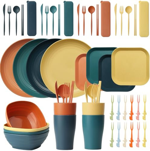 HooySprs 48Pcs Unbreakable Dinnerware Set for 4, Plates and Bowls Sets Tableware Sets Lightweight Colorful BBQ Plates, Bowls, Cups, Cutlery Set, Forks, Picnic Camping Wheat Sets