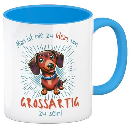 Dackel Kaffeebecher in hellblau mit Spruch Nie zu klein für Großartigkeit Niedlich Freundlich Hund mit Liebenswertem Gesichtsausdruck Haustier-Tierbecher Motivation Dackeltasse