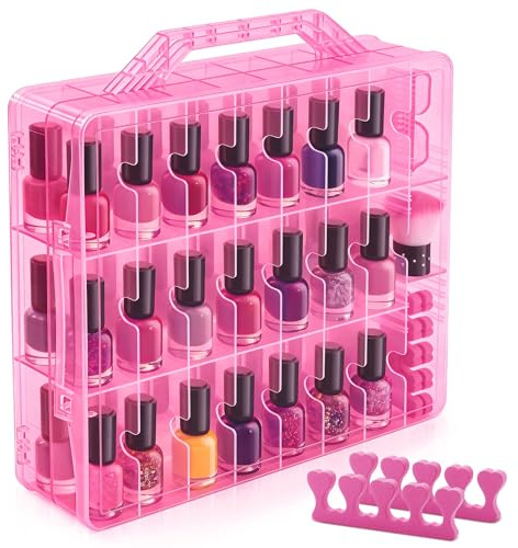 DreamGenius Étui de rangement pour 48 flacons de vernis à ongles avec 2 séparateurs d'ongles, support double face pour vernis à ongles gel avec séparateurs réglables, rose