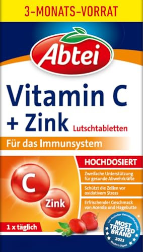 Abtei Vitamin C + Zink – Zur Unterstützung des Immunsystems – Hochdosiert, Vegan, Glutenfrei – Vorratspackung – 90 Lutschtabletten für 3 Monate