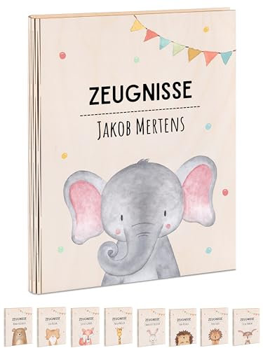wunderwunsch® - Personalisierte Zeugnismappe aus Holz mit hochwertigem Spezial-Druck - Einschulung Geschenk - Zeugnismappe Jungen & Zeugnismappe Mädchen (Elefant Girlande)