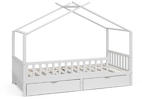 VitaliSpa Hausbett Franka, Bett aus Holz, Weiß, 90x200 cm mit 2 Schubladen