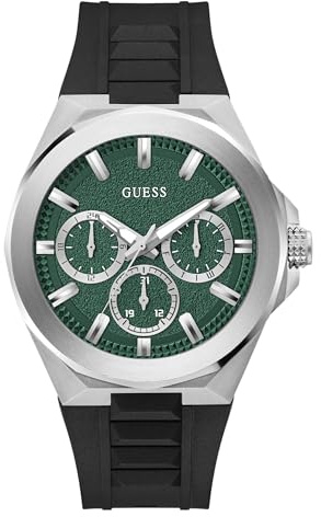 GUESS BR SLV CS W/BR SLV TR W/P SLV Chamfer/Sun Green MF DL/BLK Textured Silicone STRP, Grün, Armband