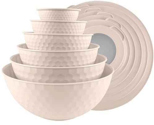 Cook with Color Mixing Bowls with Lids - 12 Piece Plastic Nesting Bowls Set Includes 6 Prep Bowls and 6 Lids, Non Slip Bottom and Embossed Design - Microwave Safe (Cream)