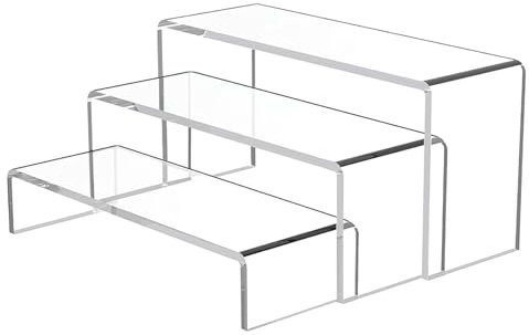 DAWRIS 3 Stück Acryl-Display-Ständer, transparent, rechteckig, gestuft, 3-stufig, Tisch-Ausstellungsregal, Vitrine, Cupcake-Dessert-Ständer für Sammlerstücke, Schmuckfiguren, Cupcakes, Köln