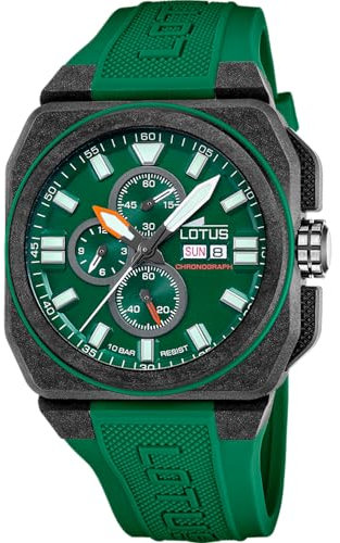 Lotus Uhr Für Herren 18976/2 Chrono Schwarz Kohlefaser Case GrünSilikon Band