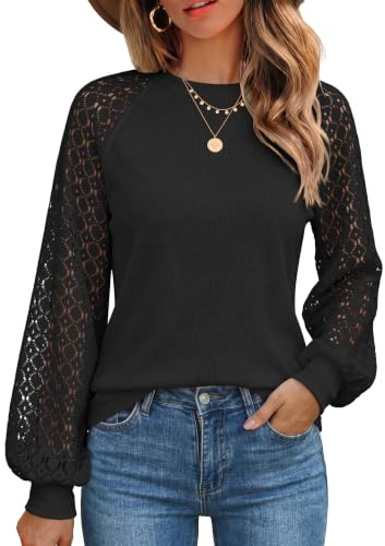 Zeagoo Damen Bluse Elegant Spitzen Oberteile Lace Puffärmel Langarmshirt | Casual Rundhals Raglan Tshirt Herbst Blusen Shirt Tunika Top S-3XL