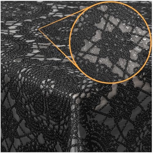 Tischdecke abwaschbar Wachstuch Lace Vinyl Häkel Spitze Optik 200 x 138cm Mandala Schwarz abwischbar