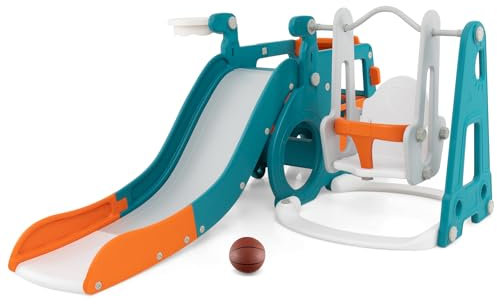 COSTWAY 5 in 1 Toddler Slide and Swing Set, Kids Climber Playset with Basketball Hoop, Crawling Tunnel, Children Activity Center for Indoor Outdoor