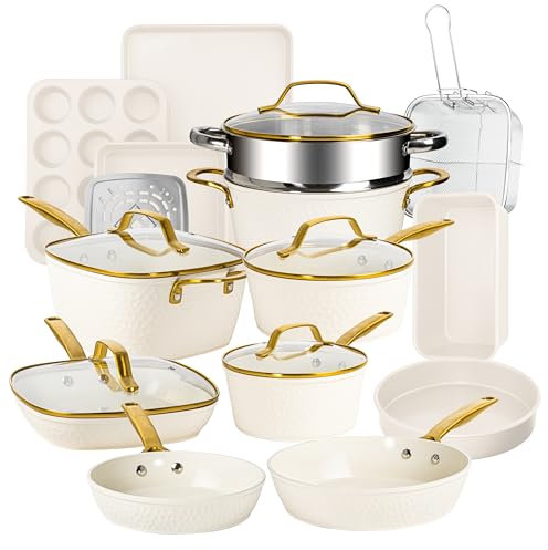 GOTHAM STEEL Gehämmertes Keramik-Kochgeschirr-Set, antihaftbeschichtet, Induktionstöpfe und Pfannen, antihaftbeschichtet, für Küche, tiefe Töpfe und Pfannen zum Kochen, ungiftige Kochgeschirr-Sets,