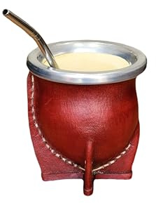 Tasse mate argentine premium avec intérieur en bois de citrouille naturel et extérieur en cuir marron avec acier inoxydable - Comprend une ampoule pour Yerba Mate.