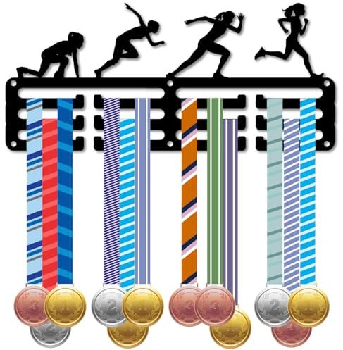 CREATCABIN Porta Medaglie Atletica e Campo Espositore Medaglie Cornice Parete Atletica Corridore Sport Nastri Gara Supporto Appeso Piccoli Ganci Parete Corsa Corridori Maratona Atleta Medaglia 29x13cm