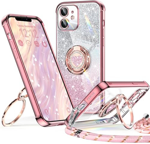 XYZ for iPhone 12 Case with Stand, Soft Cute Luxury Love Heart with Lanyard for Women Girls, Double Ring Bling Glitter Clear Protective Phone Cover Case for iPhone 12 - Pink