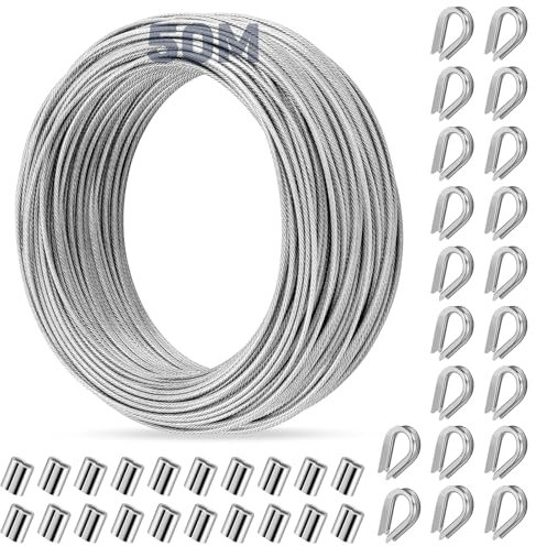 CGBOOM Drahtseil 2mm, 50m Edelstahlseil Ummantelt, 304 Edelstahl mit 20 Stück Kauschen und 20 Stück Crimphülsen für Rankhilfen, Lichteraufhängung, Zaun, Gardinenseil, Duschvorhangseil, Kletterpflanzen