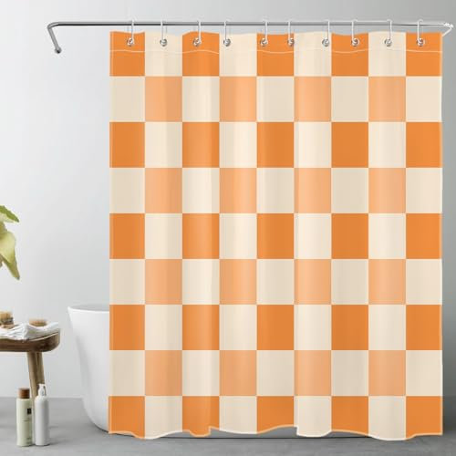 LB Damier Orange Rideaux de Douche 150x180cm(LxH) Beige Plaid Rideaux de Bain avec Crochets,Géométrique Abstrait Court Imperméable Polyester Anti Moule Salle de Bain Décor