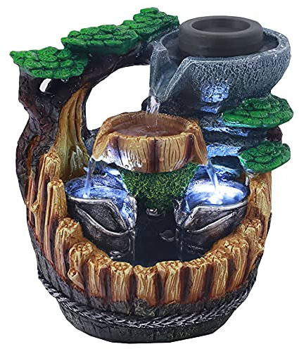 Zimmerbrunnen mit LED Beleuchtung, Zen-Brunnen aus Polyresin, Büro - Meditation und Entspannung - Tischbrunnen Geschlossener Kreislauf - H 25cm