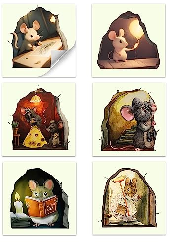 FuninCrea 6 Stück Mouse Wandsticker, Mauseloch Wandaufkleber, Realistisch 3D Sticker Realistic Stickers Tiere Wanddekoration Fluoreszierende Stickers für Korridore, Wohnzimmer, Schlafzimmer (Stil 2)