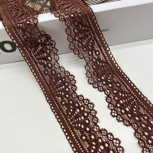 HSTWODE 3cm 5/10 Yards Spitzenband, 12 Farben Spitzenborte, Elastizität Spitzenstoff Meterware Borten und Bänder zum Nähen Elasthan Spitze Vintage Spitzenbordüre fur DIY (Braun, 5 yards)