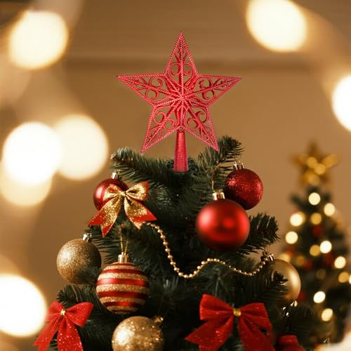 Christmas Tree Topper Star, Metal 3D Hollow Xmas Decoration Star, Vintage Lightweight Glittered Stars Tree Topper for Ornaments Christmas Home Decorations (Red)
