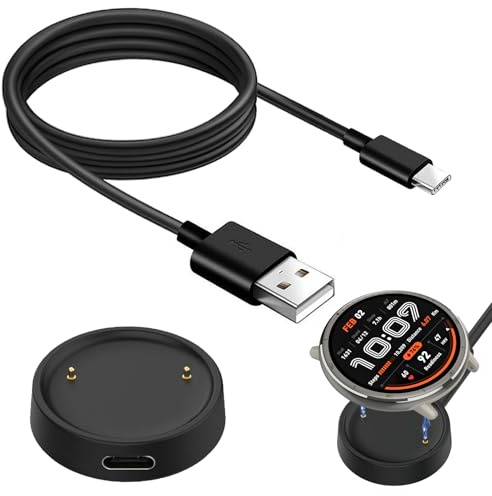 USB C Ladegerät Kompatibel mit Amazfit Active 2 / Amazfit Bip 6 (A2437) | 2-in-1 Magnetische Smartwatch Ladegerät, Tragbare Ersatz Ladestationmit 100 cm USB-Ladekabel (Schwarz)