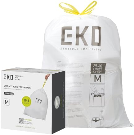 EKO 10.6 Gallon / 35–40 Liter Drawstring Trash Bags, 110 Count Heavy-Duty Tall Kitchen Garbage Can Liners, Extra-Strong Leak-Resistant, Unscented, White, Code M