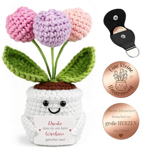 Giftota Abschiedsgeschenk Kollegin & Lehrerin Erzieherin - Pocket Hug Tulpen Blumen - Dankeschön Geschenk für Rente, Jobwechsel & Abschied - Gehäkelte Blumen & Glücksbringer - Schlüsselanhänger