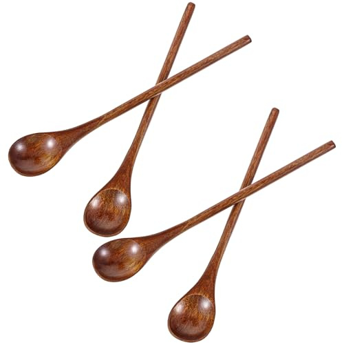 Yuanchu 4 Pcs Long Wooden Spoons for Eating, Nanmu Wooden Honey Tea Coffee Spoons Round Wood Teaspoon Spoon for Cooking Mixing Stirring Eating Soup Cooking Spoon