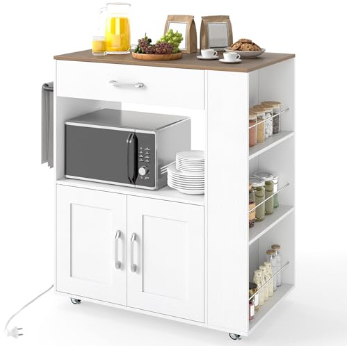 COSTWAY Küchenwagen mit Rollen, Servierwagen mit Arbeitsplatte, Ladestation, Schublade & 3 Gewürzregalen, mobiler Kücheninsel Holz, Mikrowellenschrank für Küche Esszimmer (Weiß,75 x 46 x 90,5 cm)