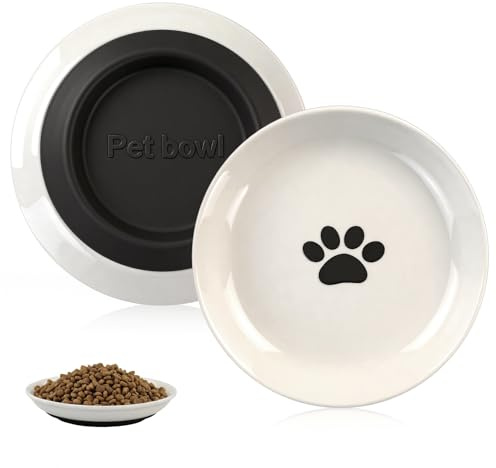 Lot de 2 gamelles en céramique pour chat, gamelles antidérapantes pour chat, assiette plate en céramique avec fond en silicone antidérapant