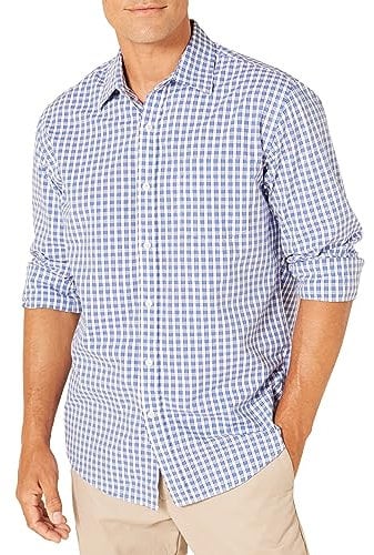 Amazon Essentials Men's Regular-Fit Long-Sleeve Casual Poplin Shirt, Blue Checks, XL