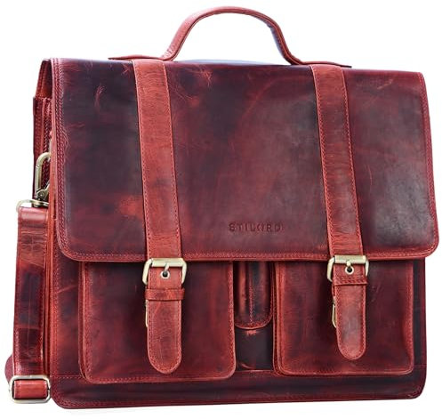 STILORD 'Marius' Sac de Professeur d'Enseignant en Cuir Sac d'École Grand Porte-Documents d'affaires Épaule Compartiment pour PC Portable, Couleur:Kara - Rosso